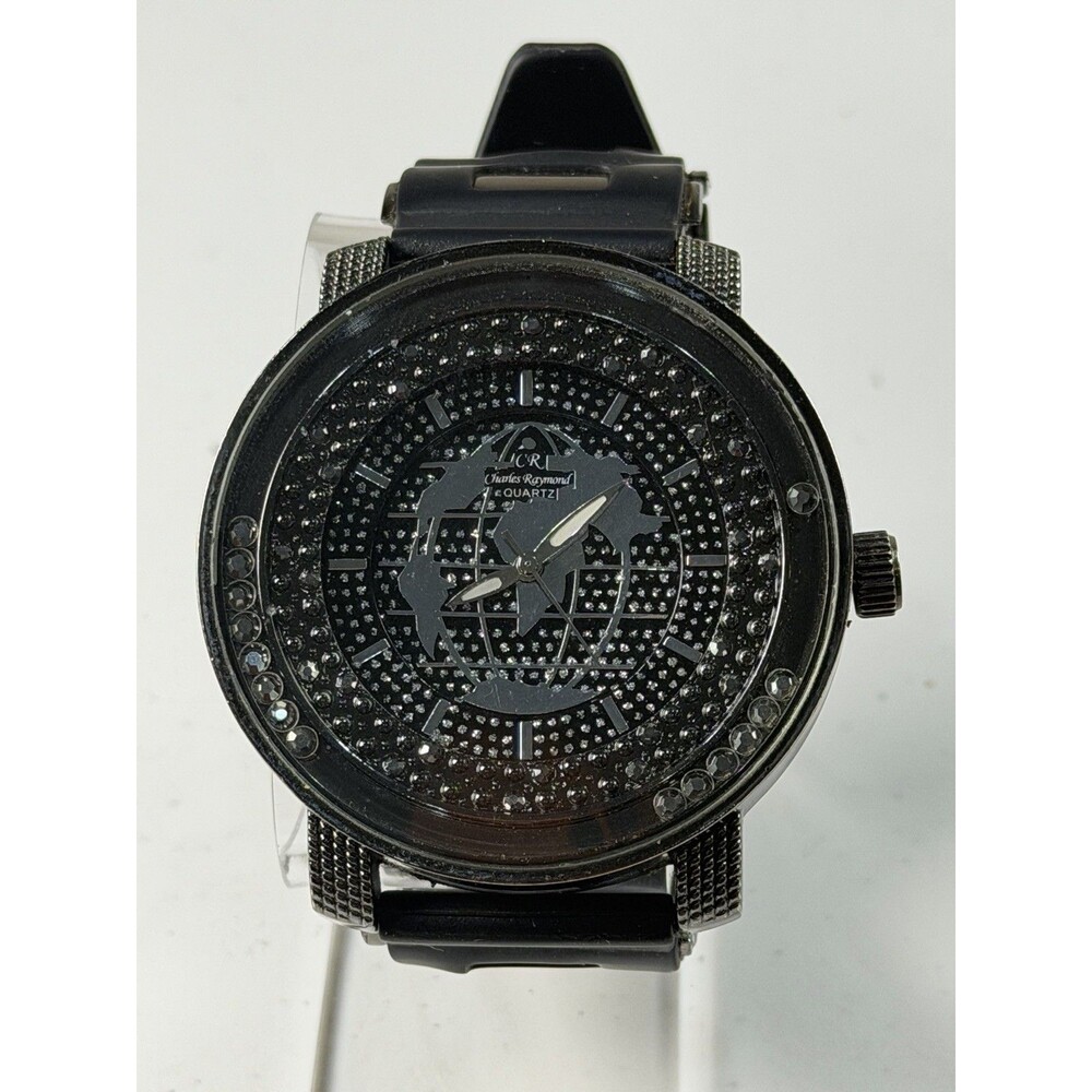 Charles Raymond CR 1676 Black Quartz Watch 52mm Crystal Dial New Battery Works